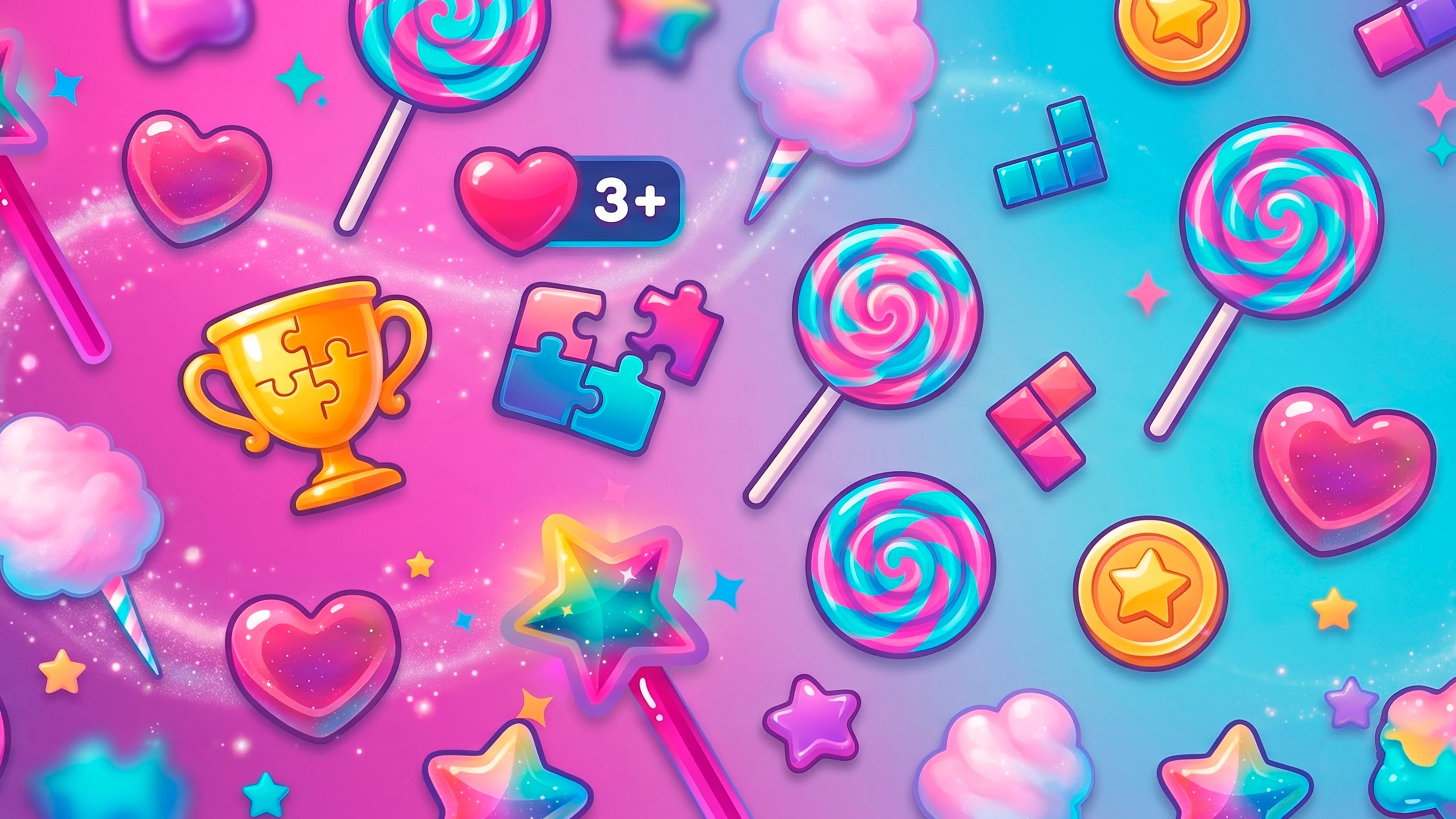 Colorful candy fantasy illustration with lollipops, hearts and trophies